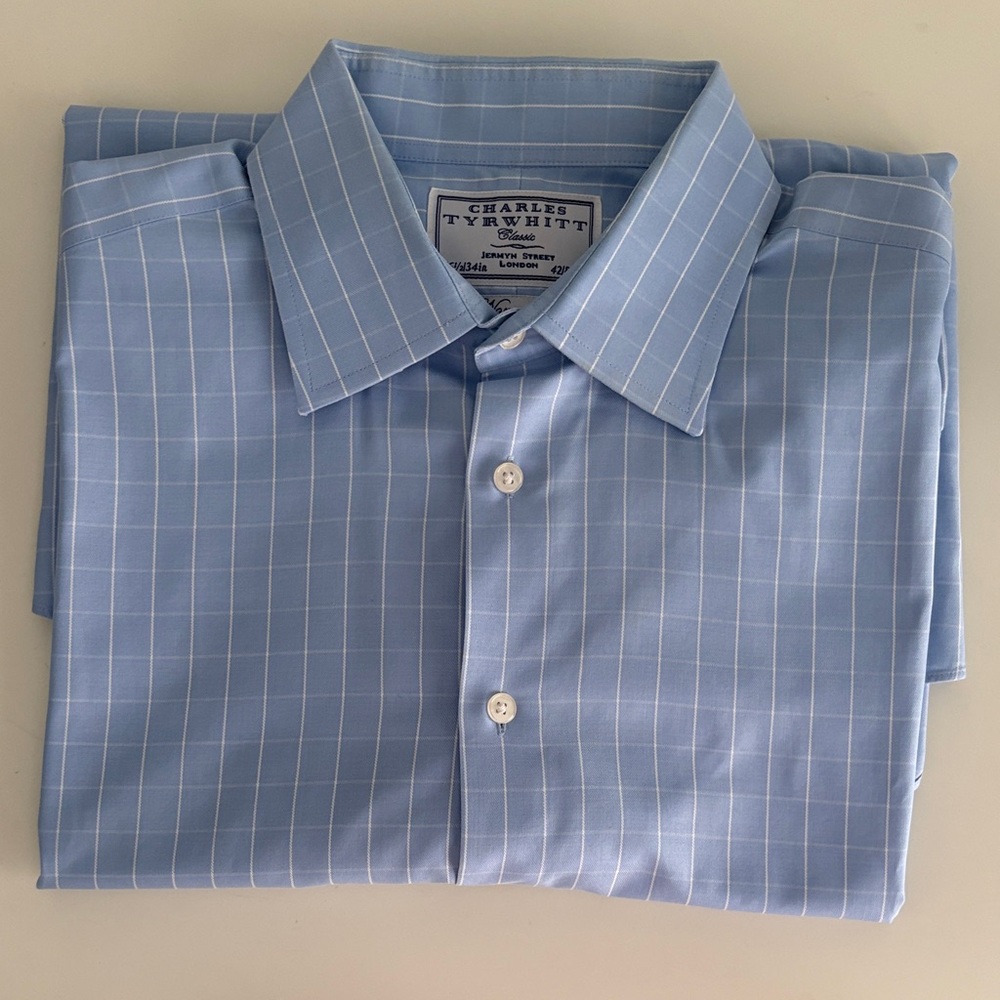 Charles Tyrwhitt Light Blue Grid Men's Button Down Shirt Men’s Size 16 1/2 / 34”